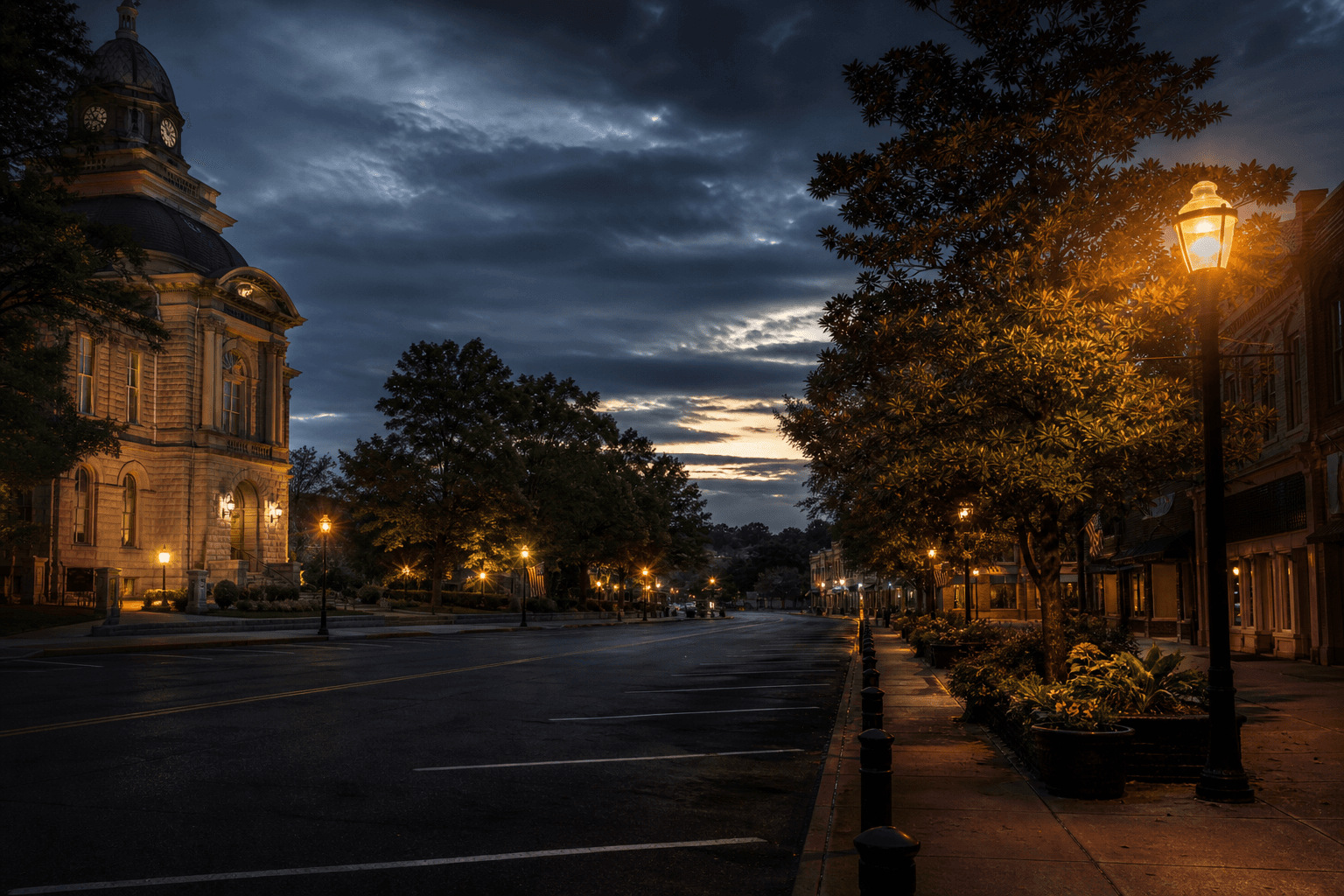 Downtown Columbia, Tennessee historic square at dusk in Maury County