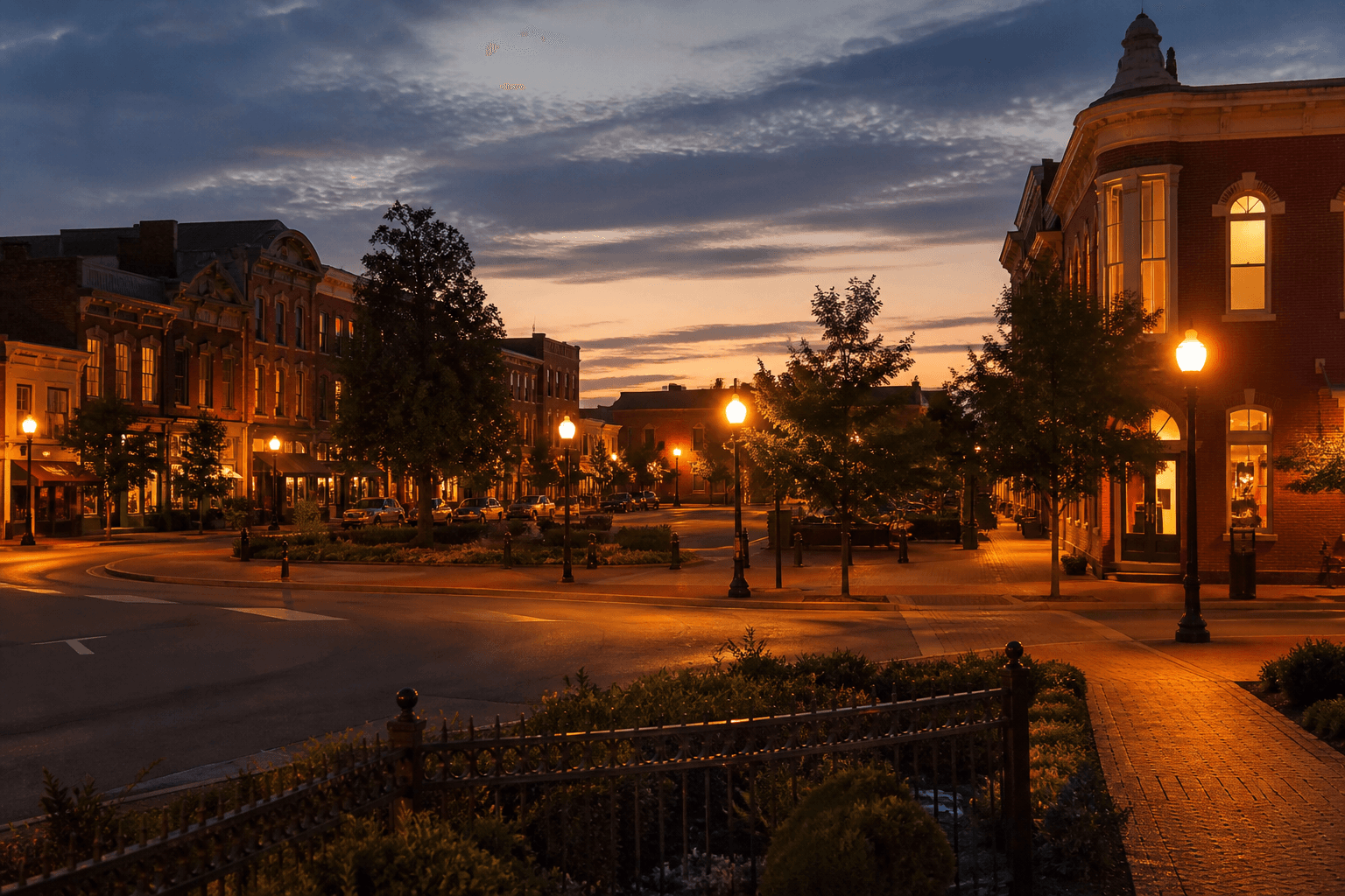 Downtown Lebanon, Tennessee historic square at dusk with brick storefronts