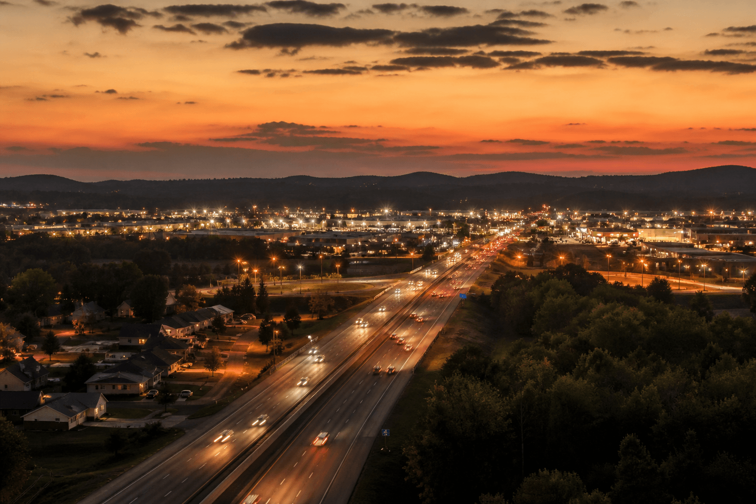 Manchester, Tennessee I-24 commercial boulevard at dusk with highway lights
