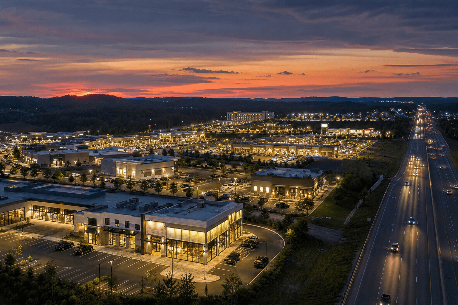 Mt. Juliet, Tennessee retail plaza at dusk along the I-40 east growth corridor