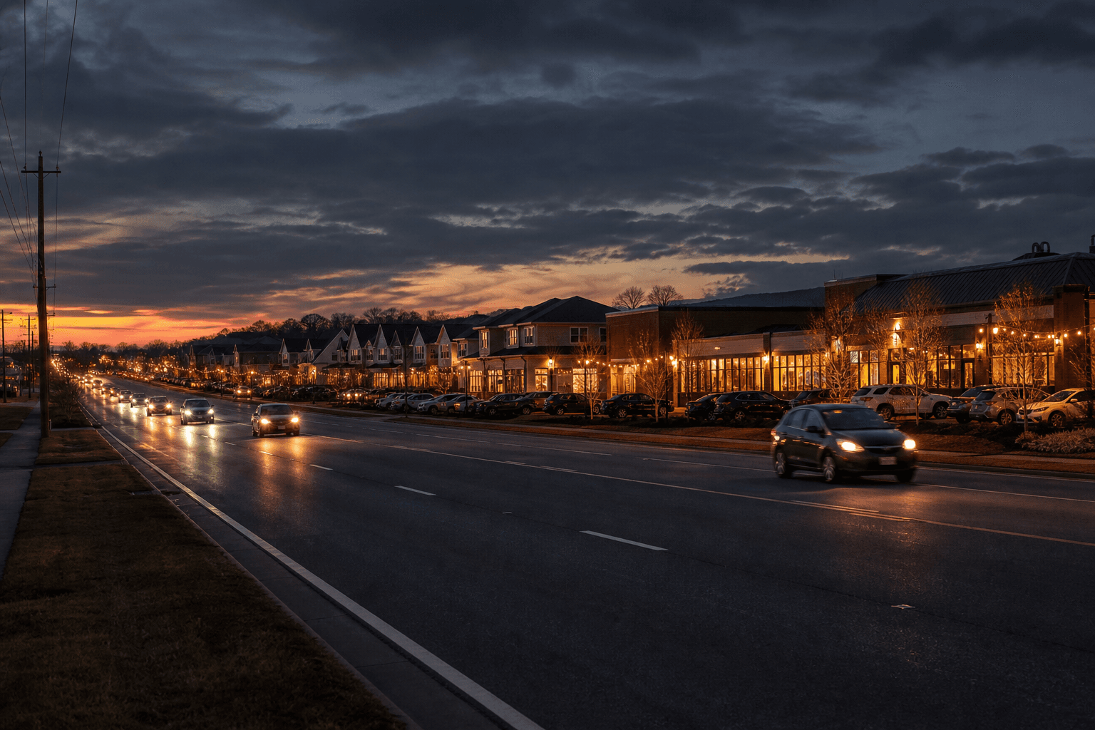 Nolensville, Tennessee commercial corridor at dusk in a fast-growing suburb