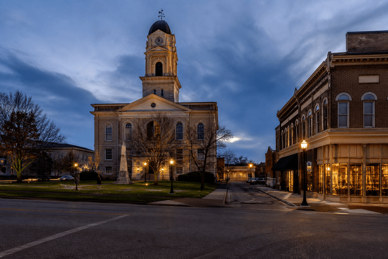 Downtown Shelbyville, Tennessee town square at dusk with courthouse lights