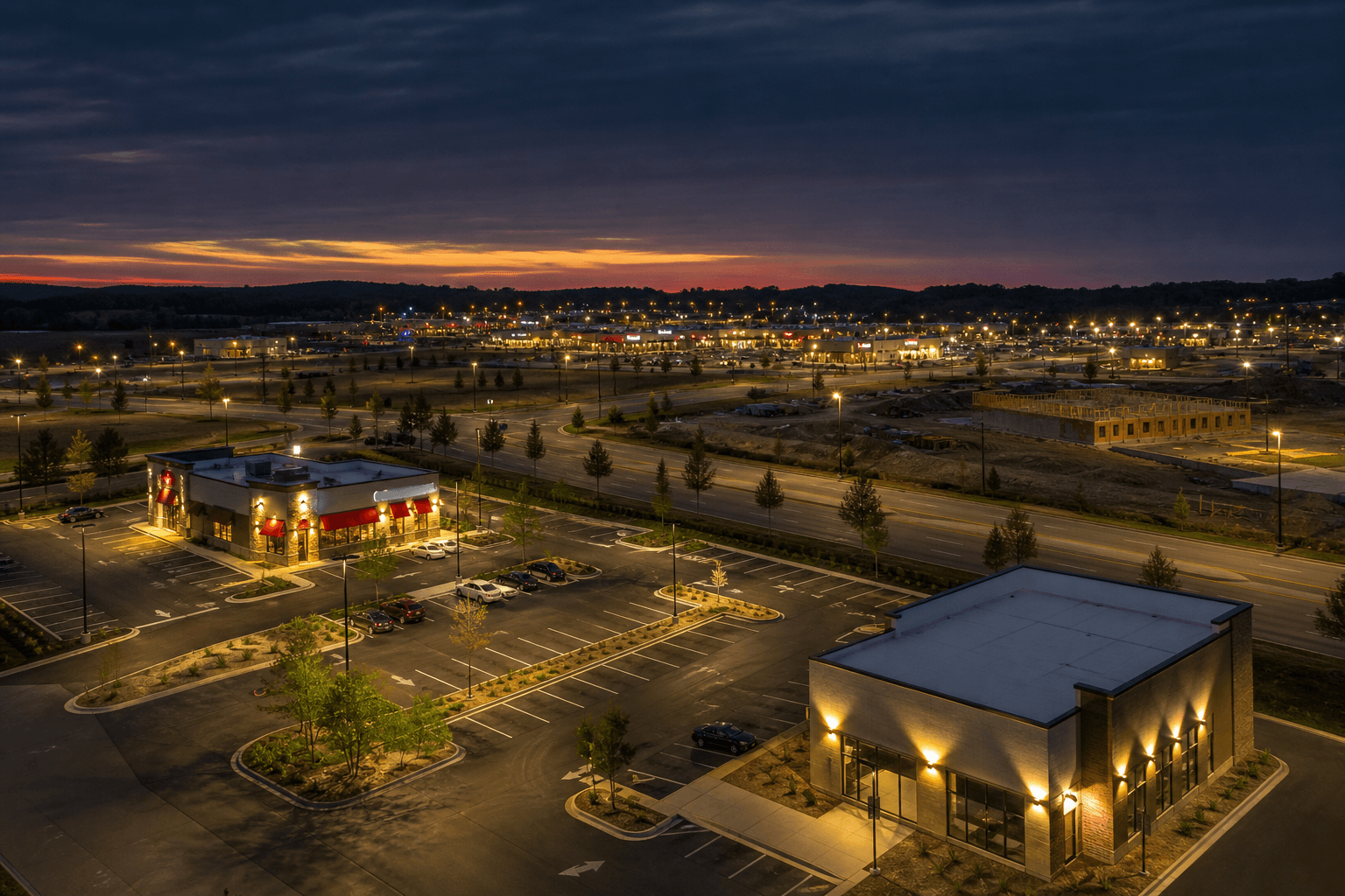 Spring Hill, Tennessee commercial growth corridor at dusk along Saturn Parkway