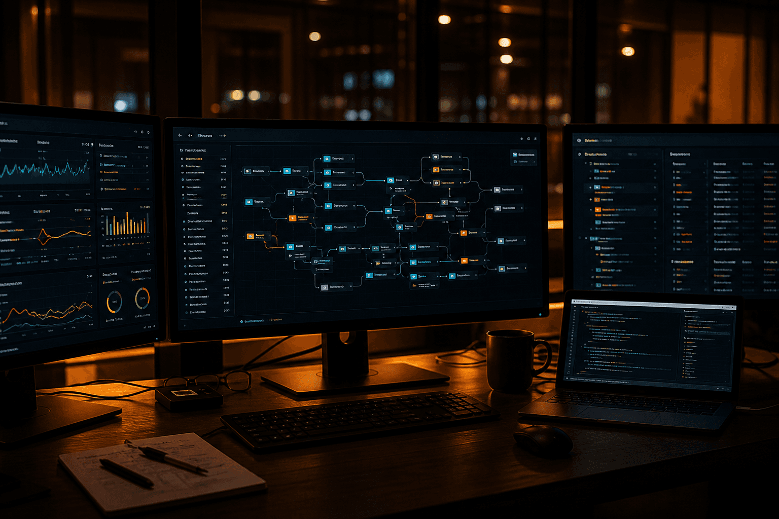 Operations screens showing workflows at night