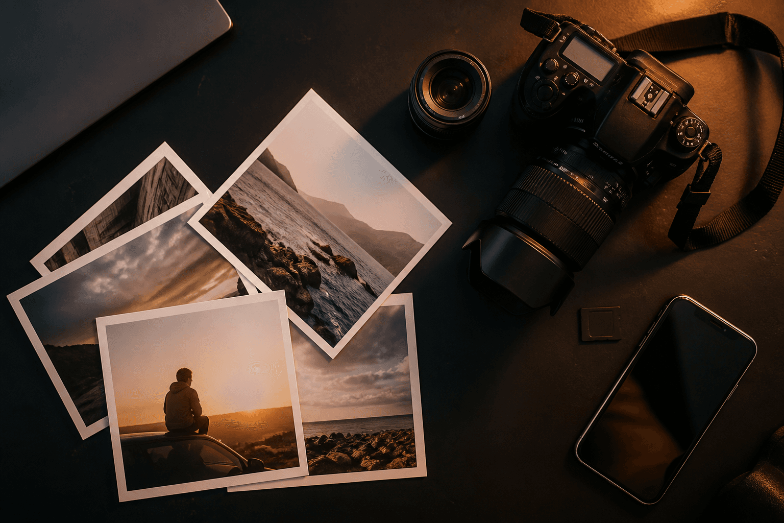 Camera and printed stills on a black table for content production