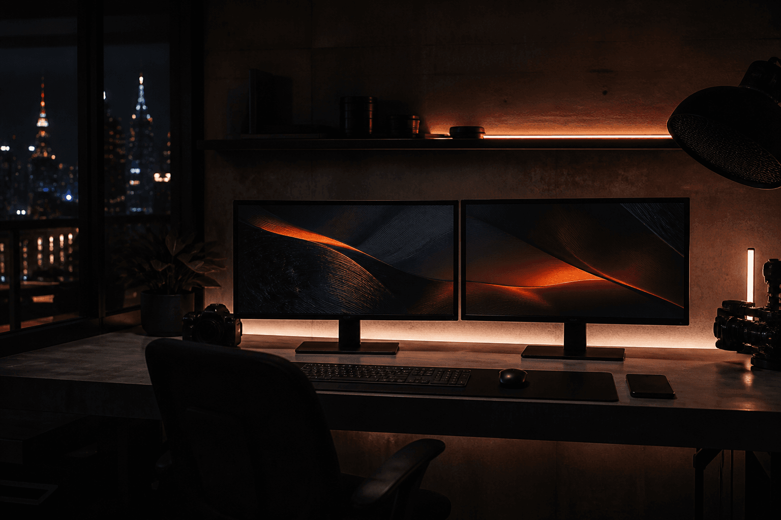 Meraki Digital studio at night with dual monitors and warm orange light