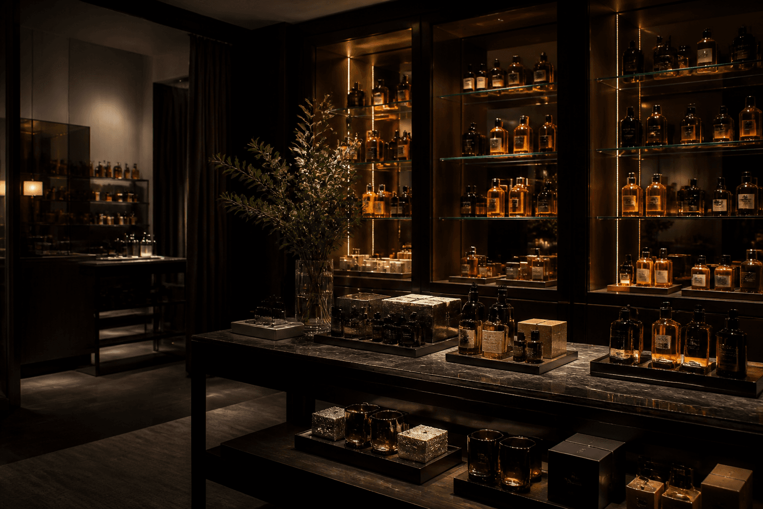 Dark boutique interior with amber product lighting