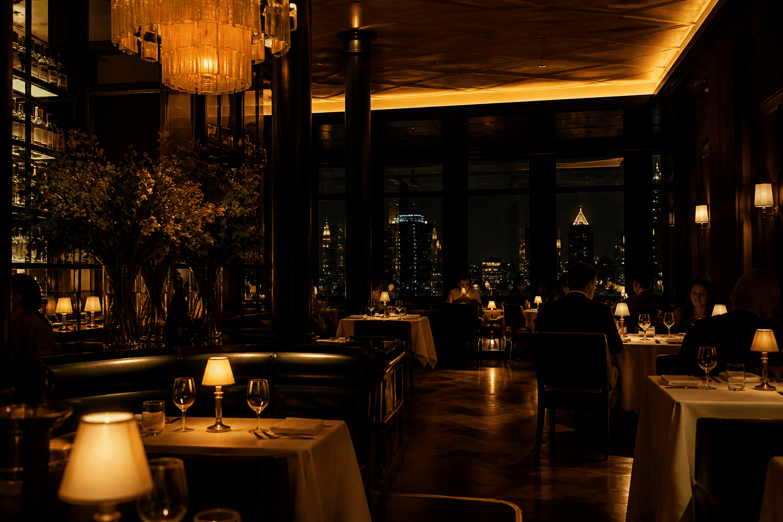 Moody restaurant interior with amber lighting