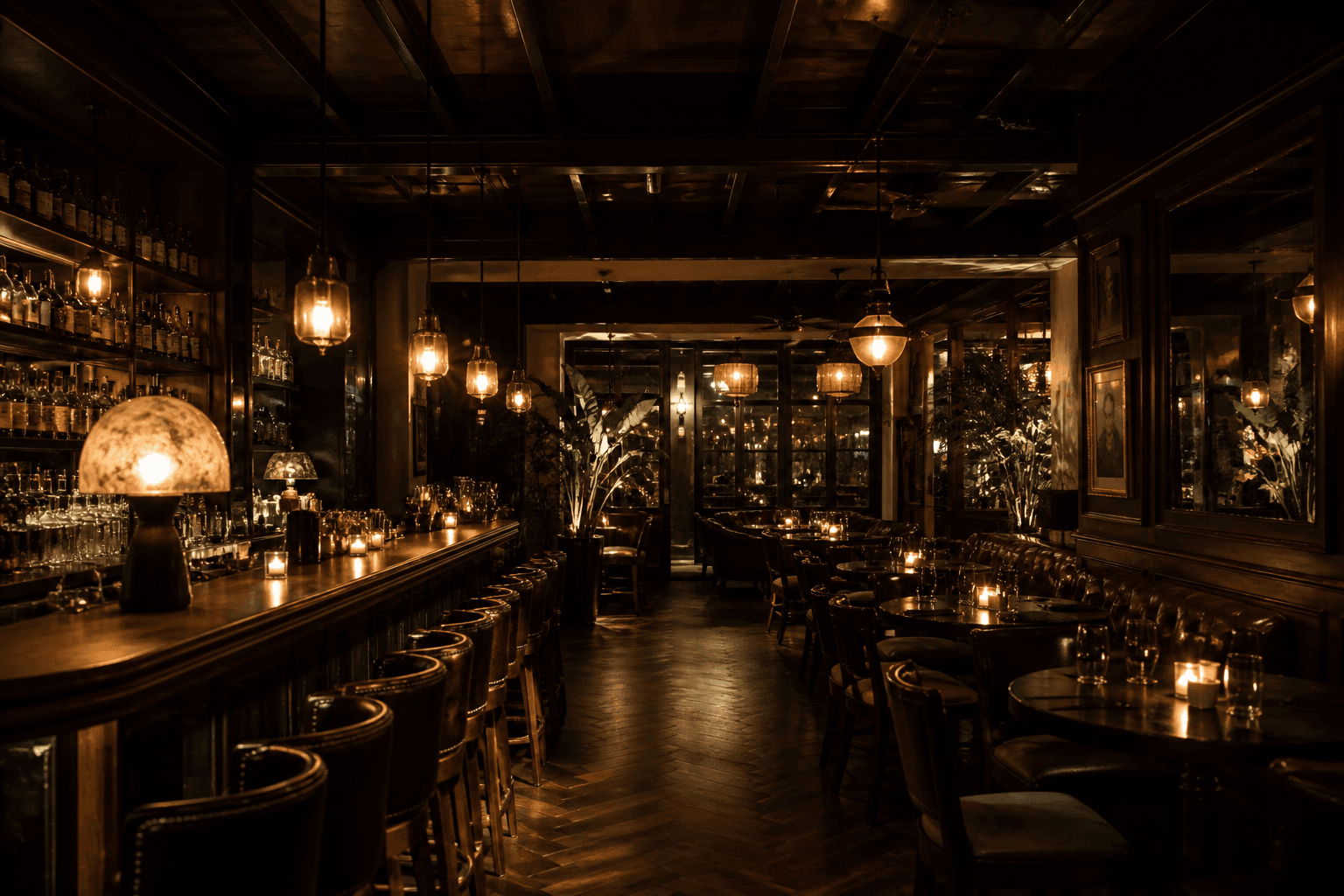 Moody restaurant and bar interior with warm lantern lighting