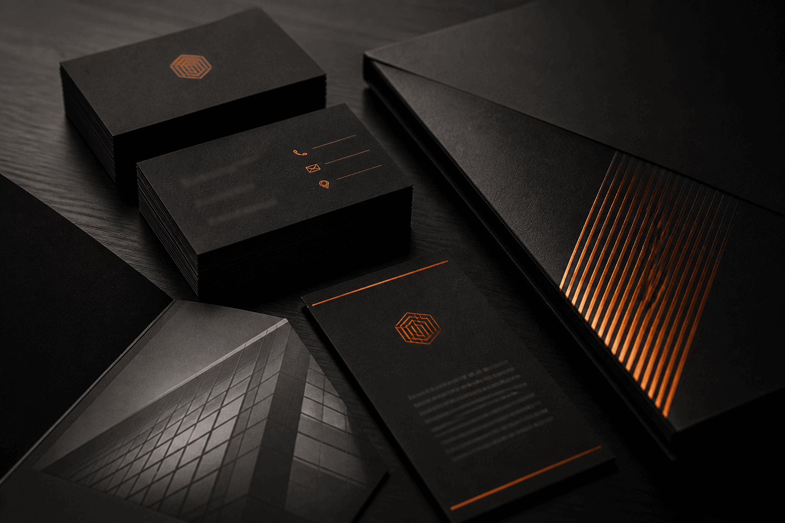 Dark luxury stationery and business cards on a studio desk
