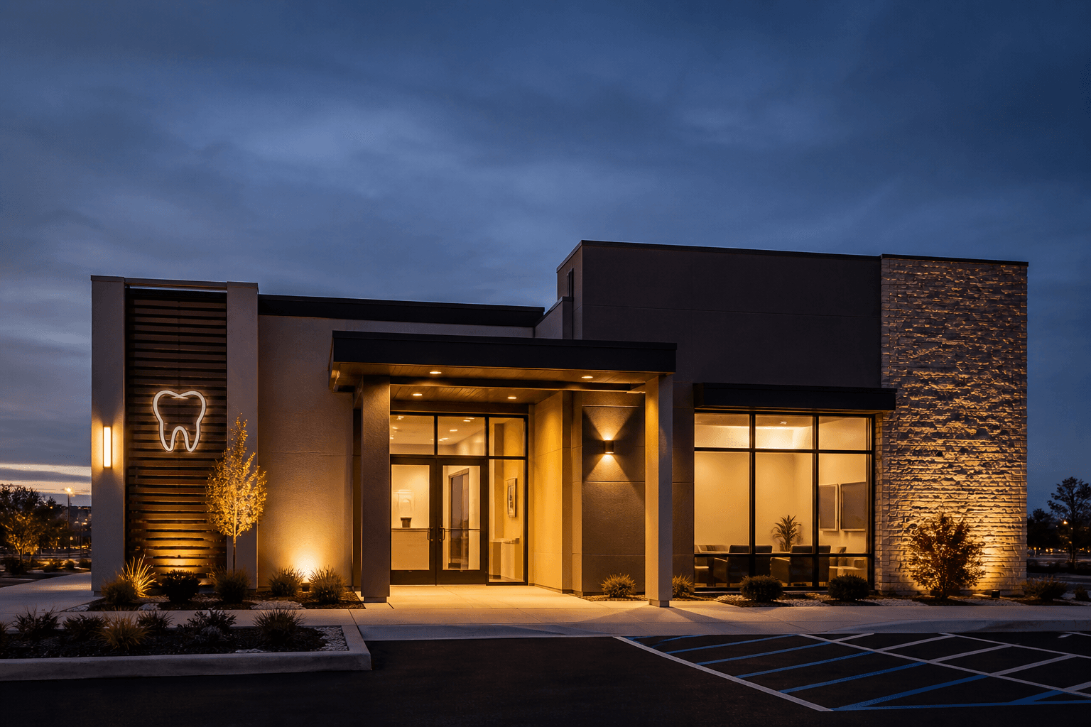 Modern clinic exterior at dusk