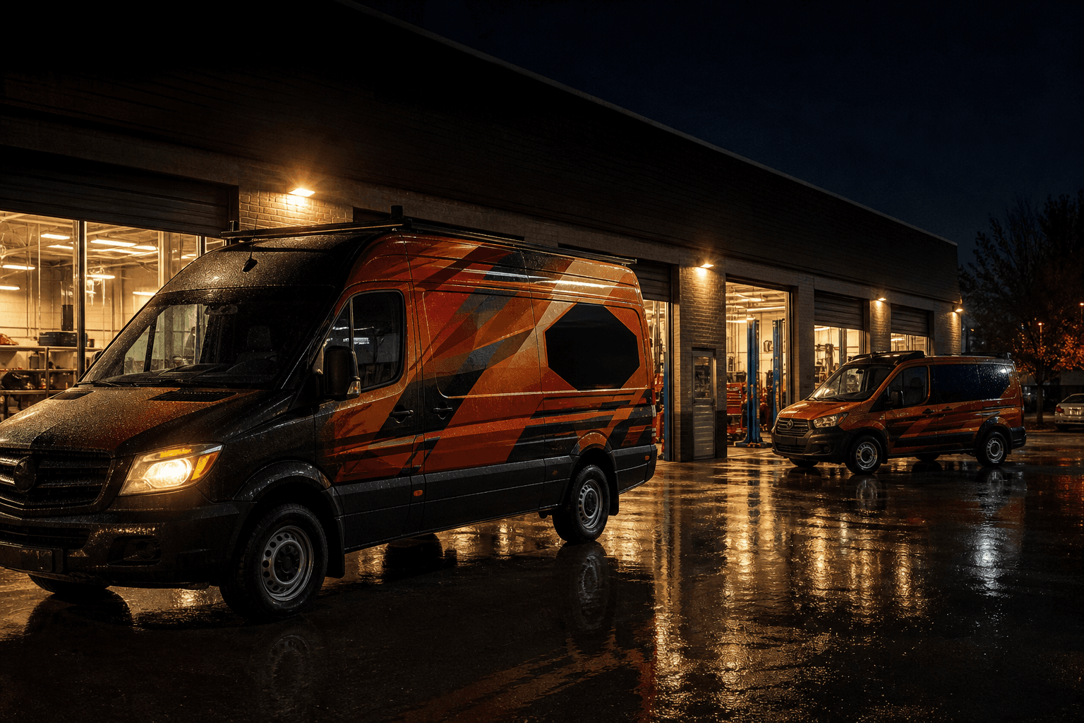 Service vans with wraps parked at a mechanical shop at night