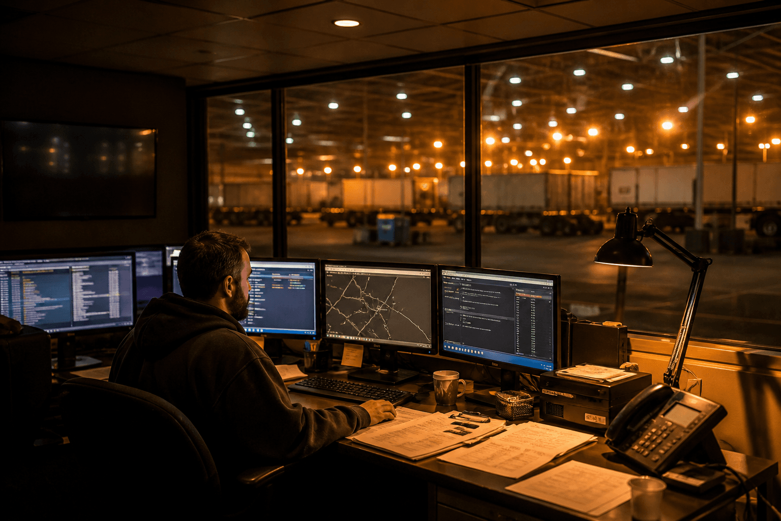 Night dispatch office with warehouse lights beyond the glass