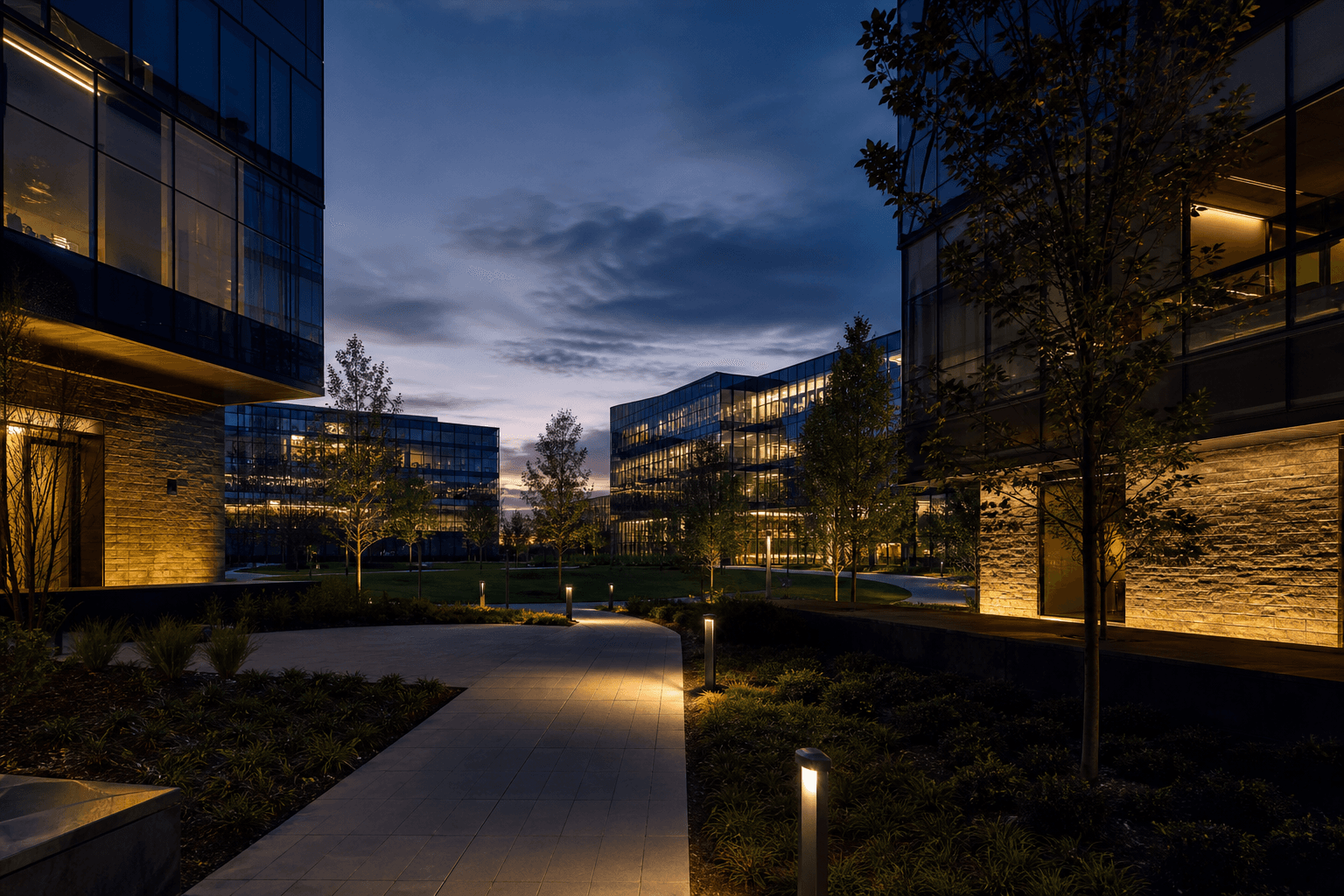 Brentwood, Tennessee upscale office buildings at dusk with warm interior lights