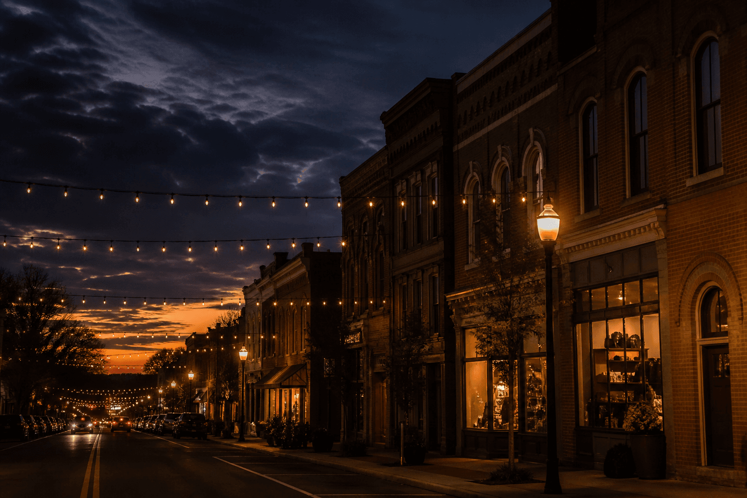 Historic downtown Franklin, Tennessee Main Street at dusk with brick storefronts