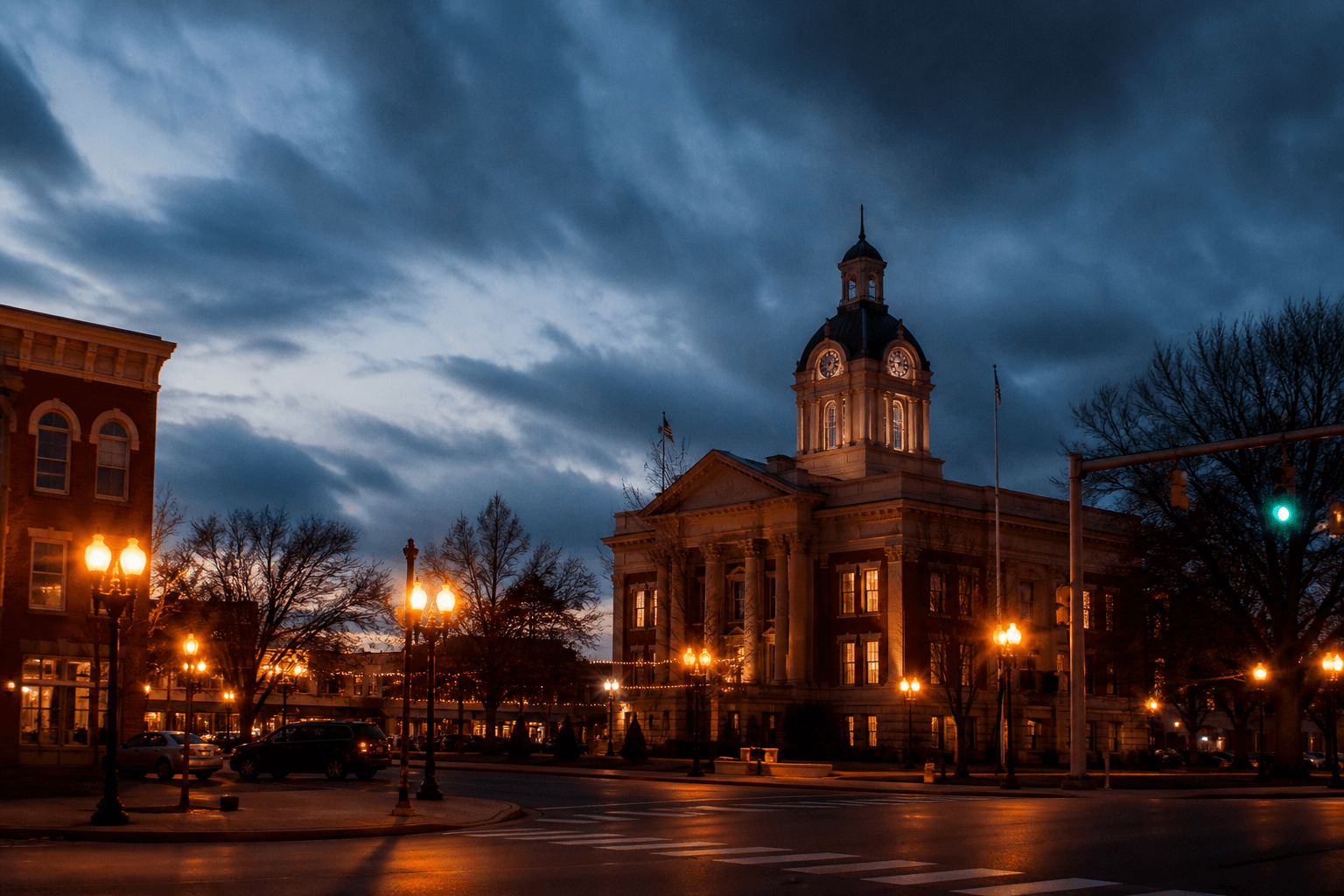 Downtown Murfreesboro, Tennessee courthouse square at dusk with warm streetlights