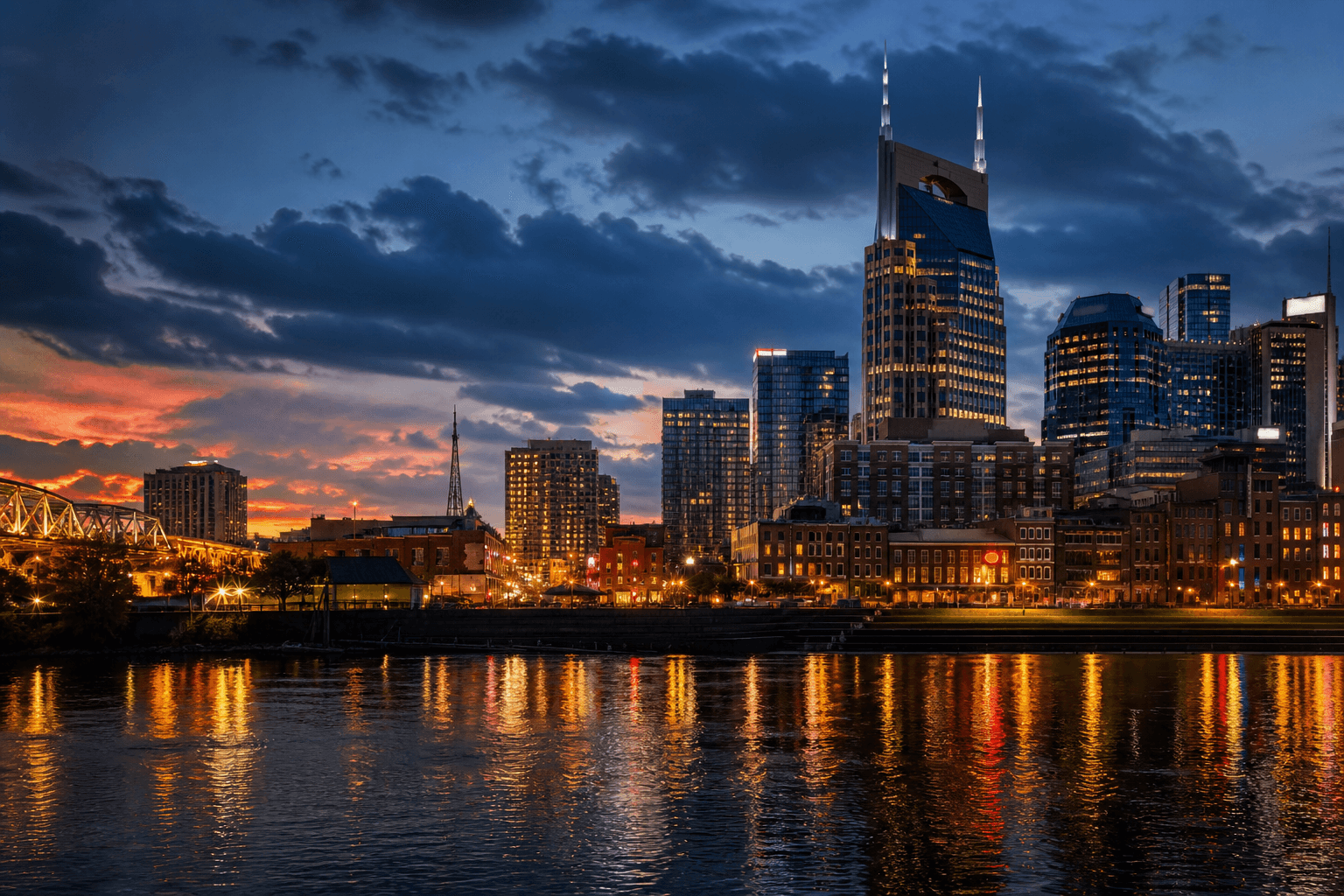 Nashville, Tennessee skyline at dusk across the river with city lights